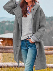 Mia | Damen Wintermantel mit Kapuze und Knöpfen aus weichem Wollstoff – Grau