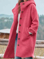 Mia | Damen Wintermantel mit Kapuze und Knöpfen aus weichem Wollstoff – Rosa
