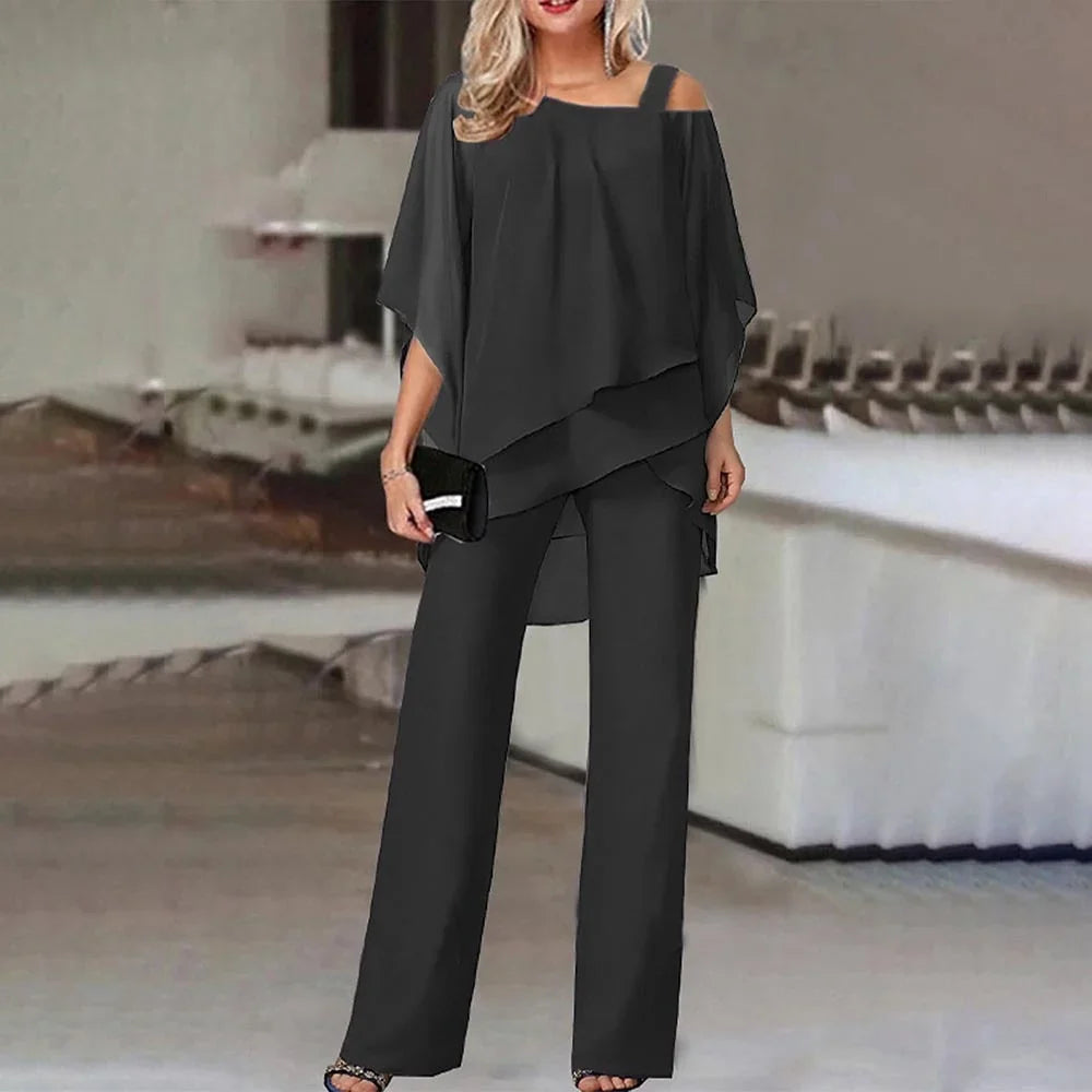 Damen Zweiteiler mit Cold-Shoulder-Bluse und weiten Hosen