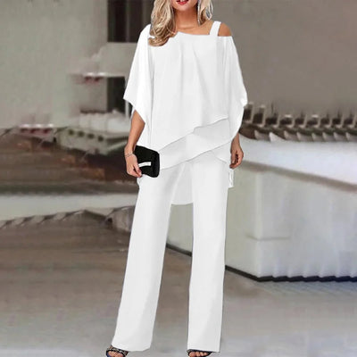 Damen Zweiteiler mit Cold-Shoulder-Bluse und weiten Hosen