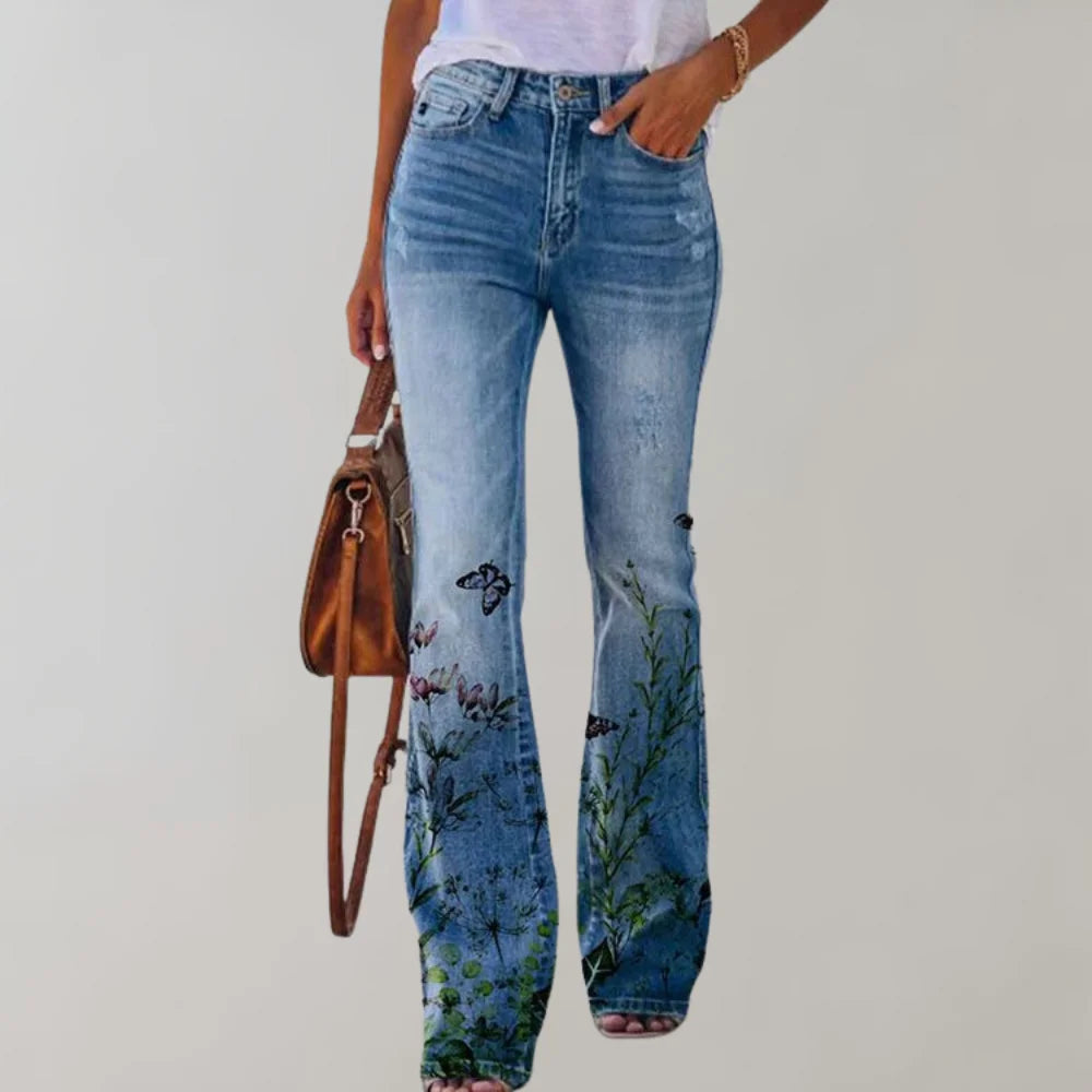 Damen Jeans mit weitem Bein und Blumendruck