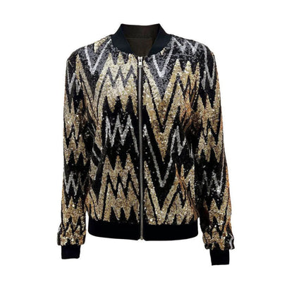 Damen bomberjacke mit Paillettenmuster und Reißverschluss schwarz-gold