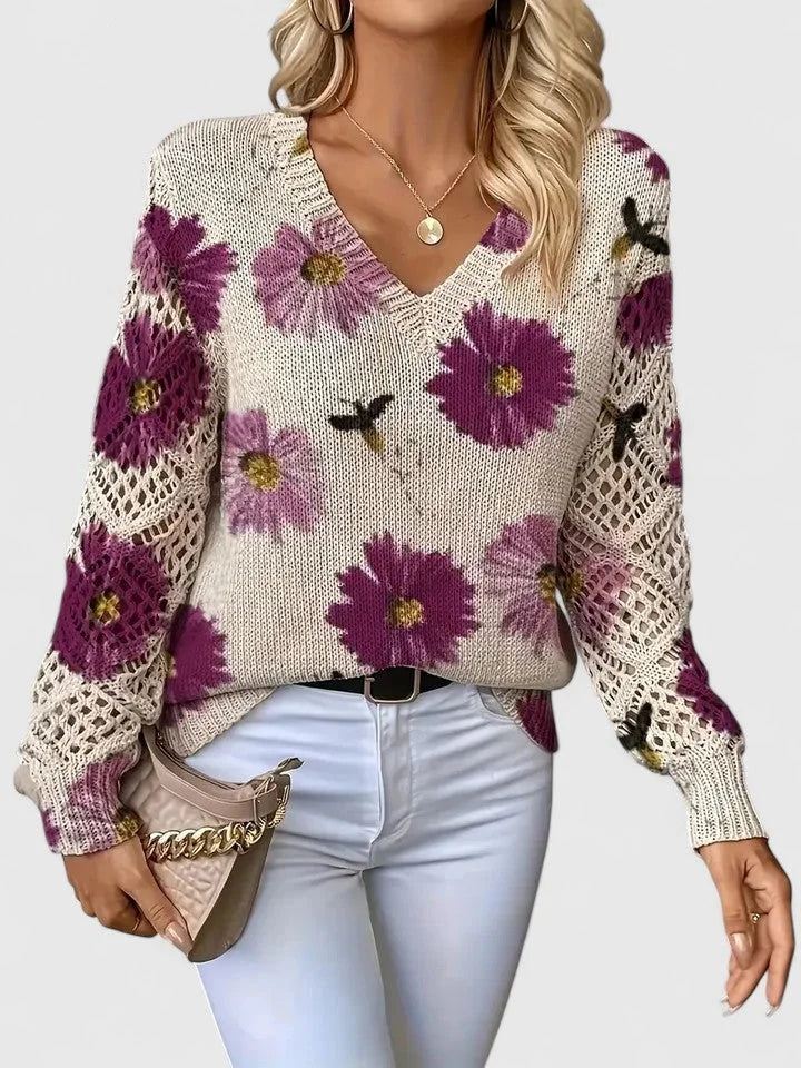 Damenpullover mit Floralmuster und V-Ausschnitt