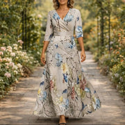 Denise | Damen Blumenkleid V-Ausschnitt – Elegantes Florales Sommerkleid für Hochzeit 2026 – Grau