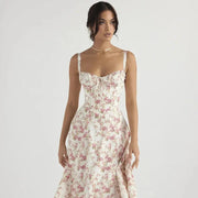 Midi-Kleid mit Blumenmuster für Damen | Korsett mit Seitenschlitz – Pinkes Muster