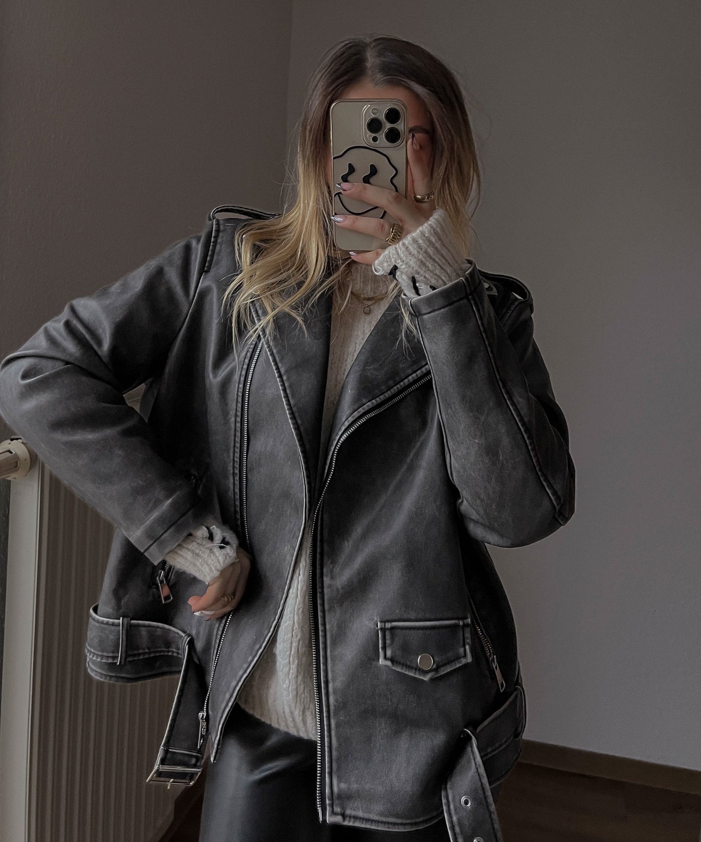 Zita - vegane lederjacke in ubergröbe dunkelgrau