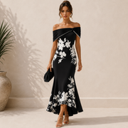 Dorothea | Damen Sommerkleid Midi Boho Elegant Floral – Schwarz