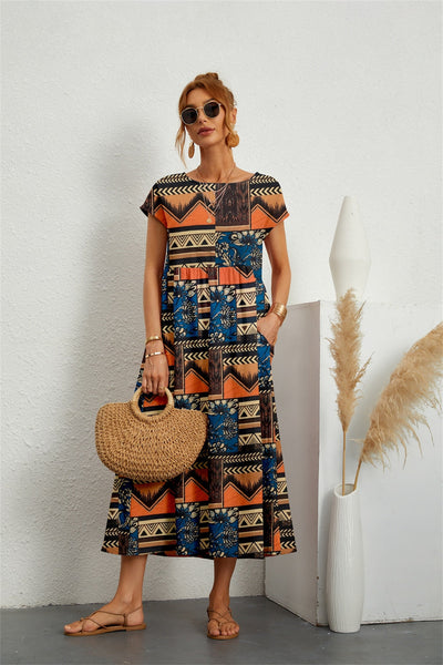 Bedrucktes Kurzärmeliges Midikleid für Frauen