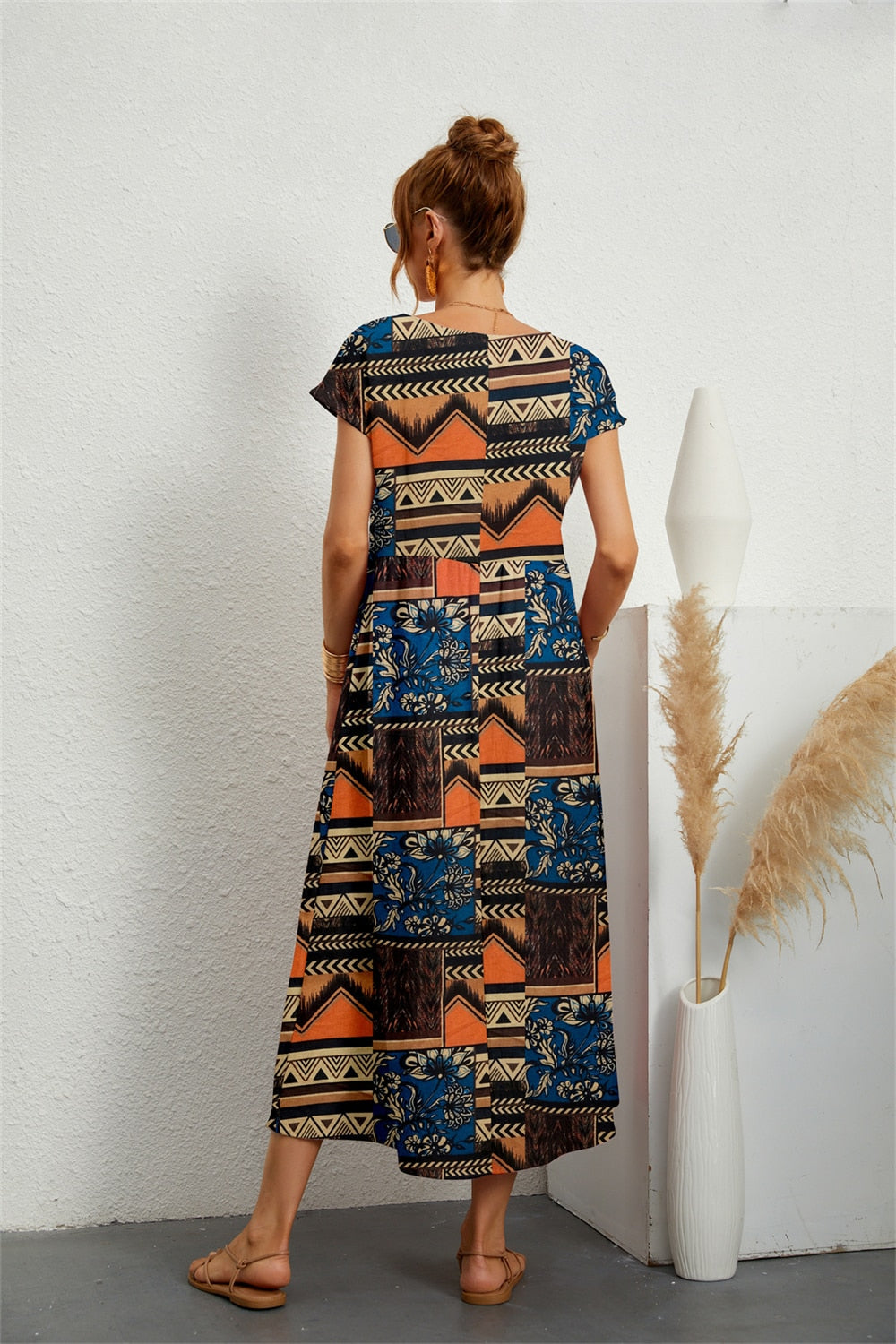 Bedrucktes Kurzärmeliges Midikleid für Frauen