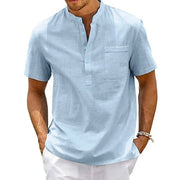 Theo | Herren hemd Kurzarm Henley, Stehkragen Brusttasche – Hellblau