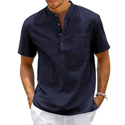 Theo | Herren hemd Kurzarm Henley, Stehkragen Brusttasche – Marineblau