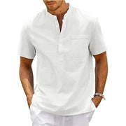 Theo | Herren hemd Kurzarm Henley, Stehkragen Brusttasche – Weiß