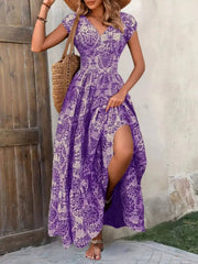 Paloma | Damen Boho Maxikleid mit Smocking-Taille, V-Ausschnitt Print – Dunkelviolett