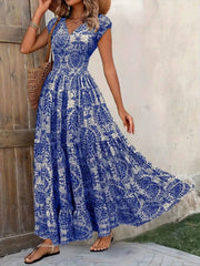 Paloma | Damen Boho Maxikleid mit Smocking-Taille, V-Ausschnitt Print – Königsblau