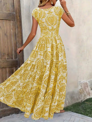Paloma | Damen Boho Maxikleid mit Smocking-Taille, V-Ausschnitt Print – Gold