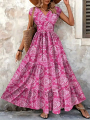 Paloma | Damen Boho Maxikleid mit Smocking-Taille, V-Ausschnitt Print – Rosenrot