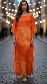 Indra | Damen Chiffon Maxi Kleid Fließend Kaftan Abendkleid – Orange