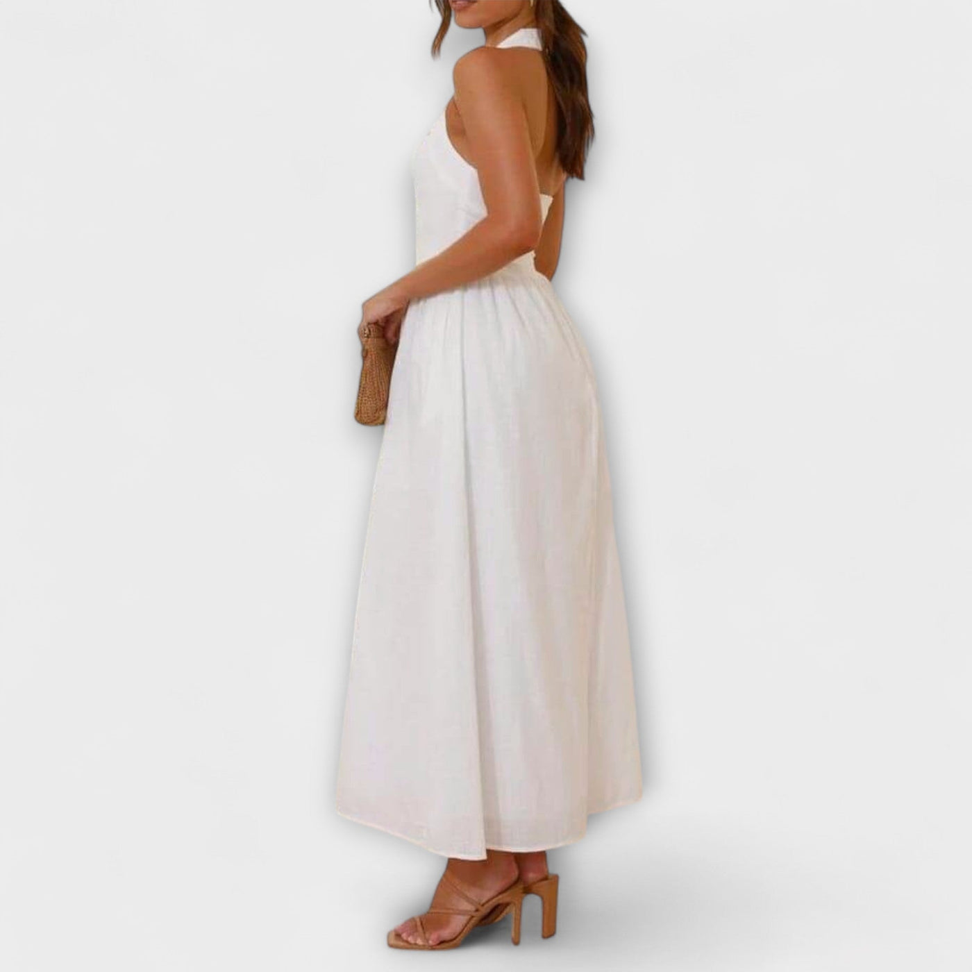 Lydia - Mid-Length Schwarzes Halterkleid mit Taillendetail