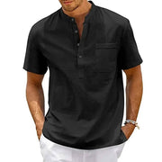 Theo | Herren hemd Kurzarm Henley, Stehkragen Brusttasche – Schwarz