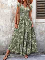 Paloma | Damen Boho Maxikleid mit Smocking-Taille, V-Ausschnitt Print – Grün