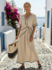 Linnea | V-Ausschnitt Kurzarm Maxikleid Mit Geraffter Taille – Beige