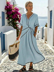Linnea | V-Ausschnitt Kurzarm Maxikleid Mit Geraffter Taille – Hellblau