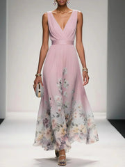 Rose | Hellblaues Blumenmuster-Chiffon-V-Ausschnitt-Maxikleid – Rosa