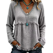 Ariselle - Bluse mit Fransenbesatz und V-Ausschnitt – Grau
