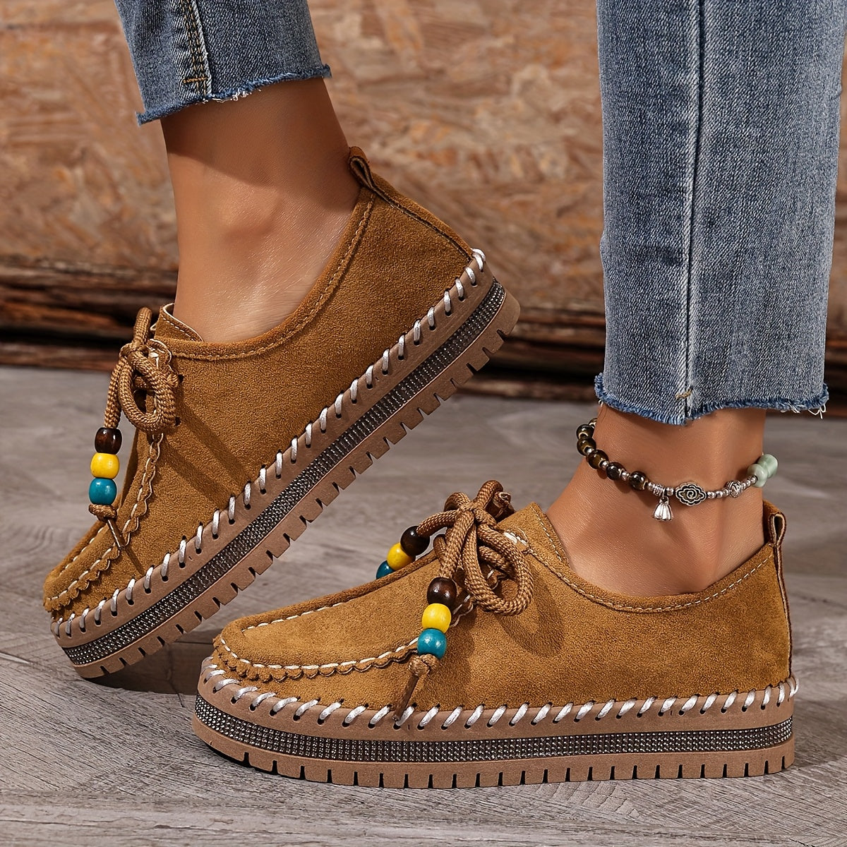 Damen Vintage Perlen Schnür Schuhe