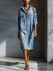 Jeans-Midikleid mit Cut-outs an den Schultern – Hellblau
