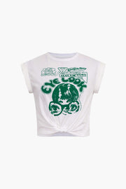 Gracelyn | Hochgekrempelte Ärmel EYE LOOK Grafikdruck Crop-T-Shirt mit Knotendetail – Weiß