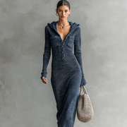 Damen-Strick-Maxikleid mit Kapuze – Marineblau