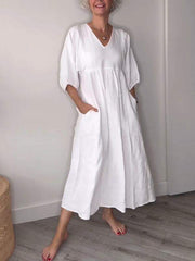 Eva | Damen Lässiges Midikleid V-Ausschnitt Taschen – Casual Sommerkleid Alltag 2026 – Weiß