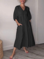 Eva | Damen Lässiges Midikleid V-Ausschnitt Taschen – Casual Sommerkleid Alltag 2026 – Schwarz