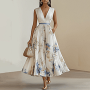Elegantes Plissee Maxikleid Blumenmuster – Weiß