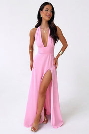 Sommerfeld | Stilvolles Neckholder-Maxikleid mit Hohem Schlitz – Rosa