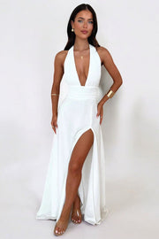 Sommerfeld | Stilvolles Neckholder-Maxikleid mit Hohem Schlitz – Weiß