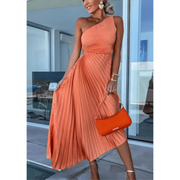 Elinor | Damen Maxi Kleid Für Hochzeitsgast Ein Schulter Falten Stil – Orange
