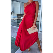 Elinor | Damen Maxi Kleid Für Hochzeitsgast Ein Schulter Falten Stil – Rot
