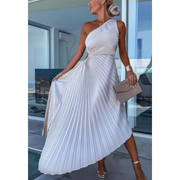 Elinor | Damen Maxi Kleid Für Hochzeitsgast Ein Schulter Falten Stil – Weiß