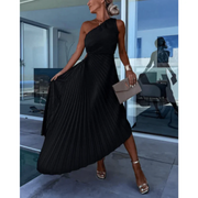 Elinor | Damen Maxi Kleid Für Hochzeitsgast Ein Schulter Falten Stil – Schwarz