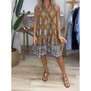 Elvira | Damen Sommerkleid Mini im Boho Stil Kurz mit V-Ausschnitt – Karamellbraun