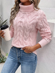 Elwine | Damen Rollkragen Strickpullover mit Zopfmuster – Rosa