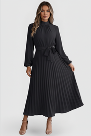 Emilia | Damen Plissee Midikleid Langarm – Schwarz