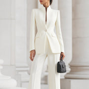 Dames Blazer Broekpak Tweedelig Set – Weiß