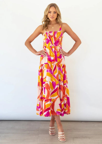 Sommerkleid mit breiten Trägern | Smock-Oberteil | Farbenfrohes Musterdesign