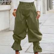 Dianella - Hochtaillierte Hose mit Rüschenabschluss – Olivgrün