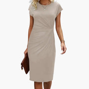 Fabrizia | Damen Rundhals Kurzarm Midi Kleid – Beige
