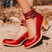 Philomena - Vintage-Leder-Sandaletten mit Knöchelriemen – Rot