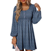 Rosa | Damen Minikleid Smok-Oberteil Eckiger Ausschnitt Langarm – Blau